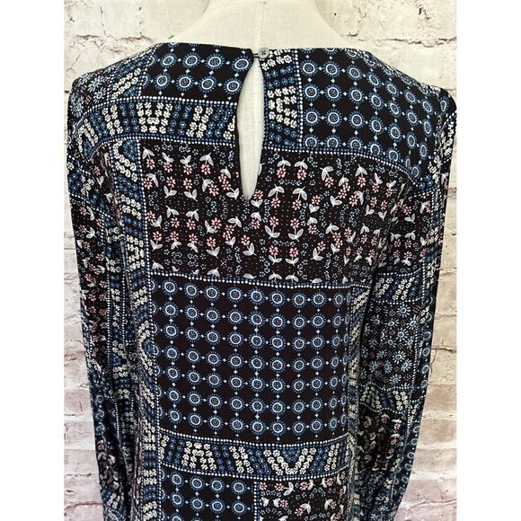 LOFT Womens Shift Dress Size 2 Black Blue Patchwork Ditsy Floral Long Sleeve - Picture 4 of 4